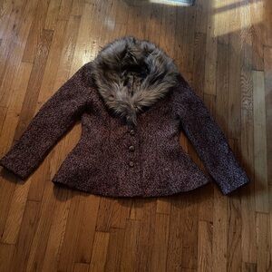 Pink tweed blazer jacket with removable faux fur collar